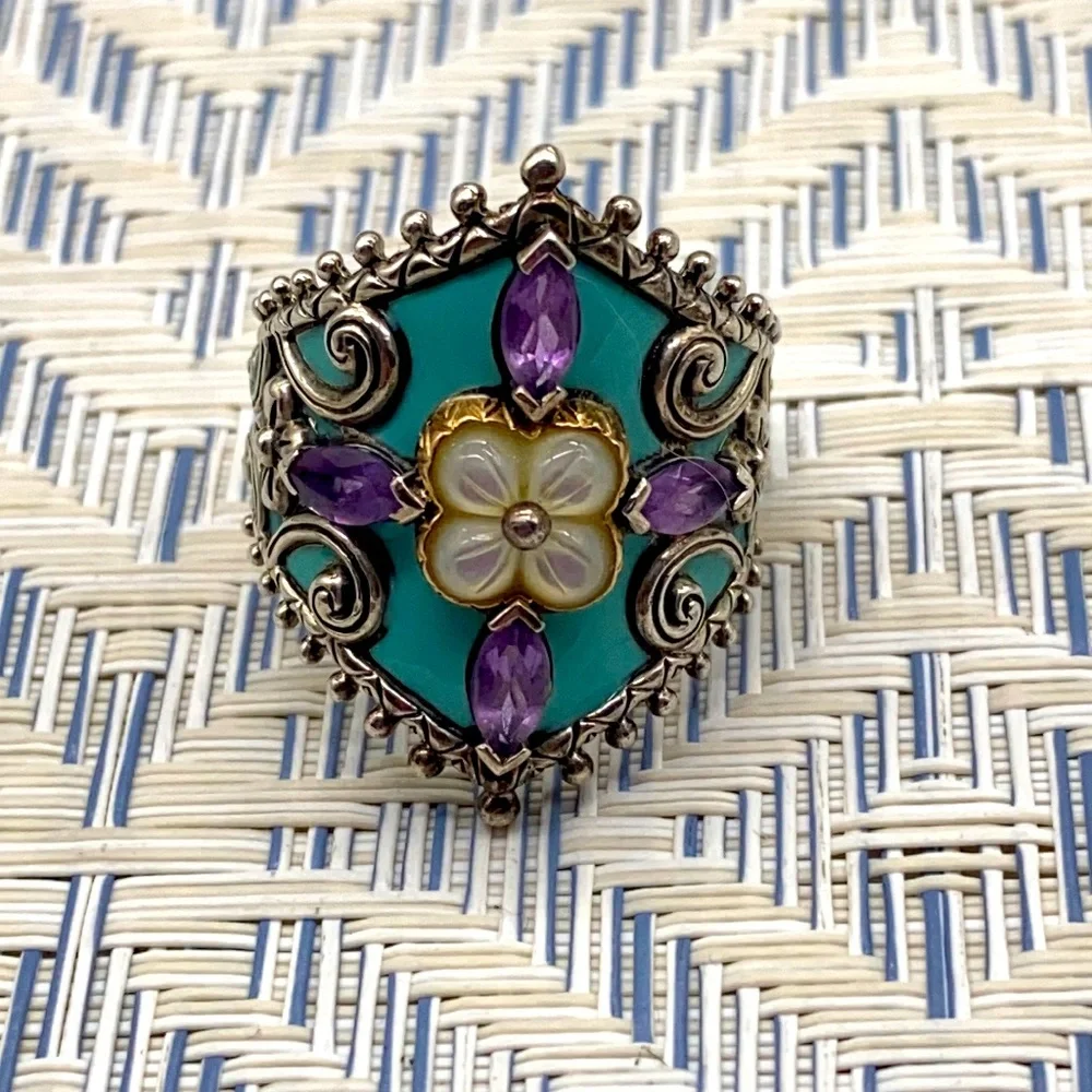 Barbara Bixby amethyst & MOP turquoise enamel ring in size 9 ππ - Picture 1 of 9